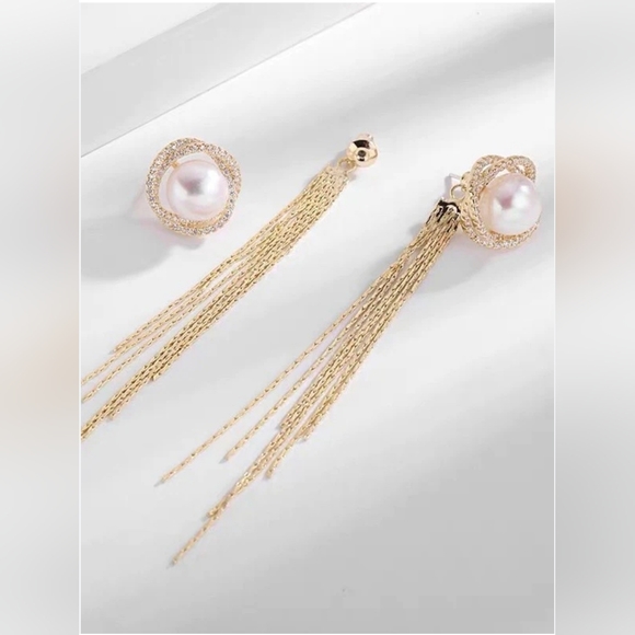 Gold-plated Crystal Pearl drop earrings with silver post BOGO - Picture 6 of 15